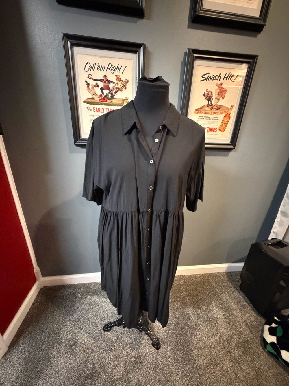 R2 Black Button-Front Midi Dress